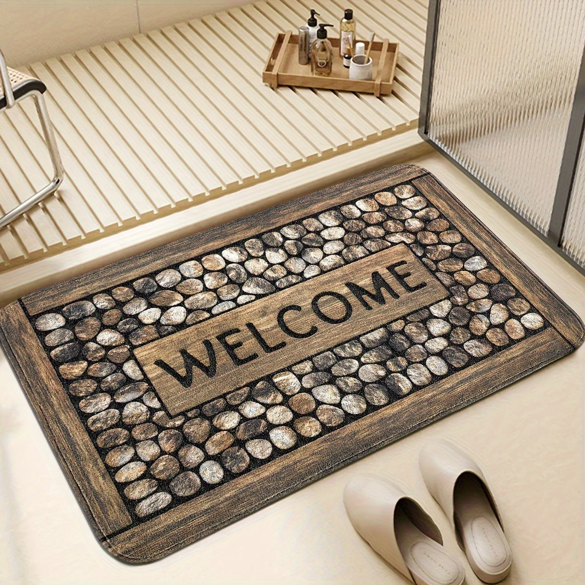 Stone Pattern Door Mat Rug Spill-Resistant Easy to Clean Entryway Bedroom Living Room Kitchen Bathroom