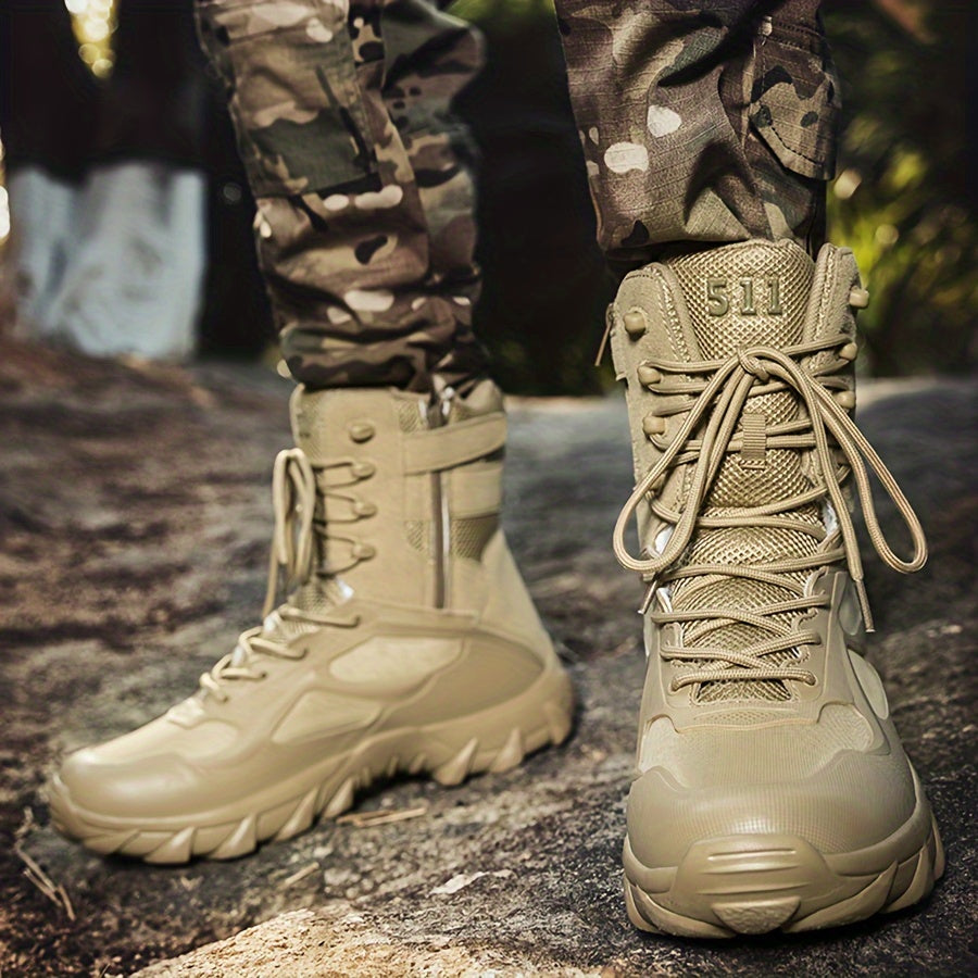 Men's High-Top Tactical Boots Beige Stripes Non-Slip EVA Sole Outdoor Casual