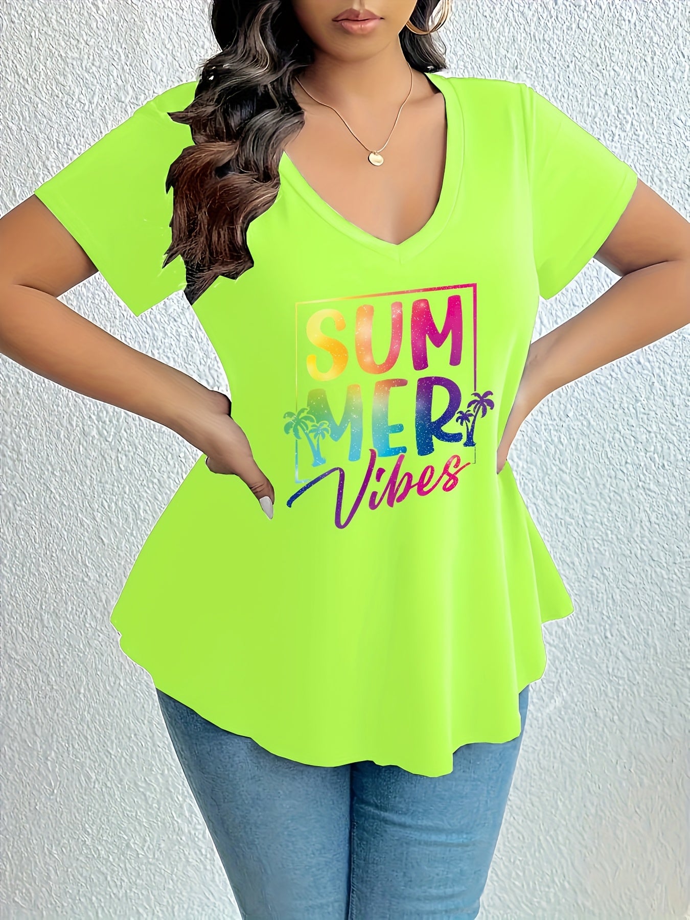 Women's Plus Size V-Neck T-Shirt Summer Graphic Short Sleeve Loose Fit