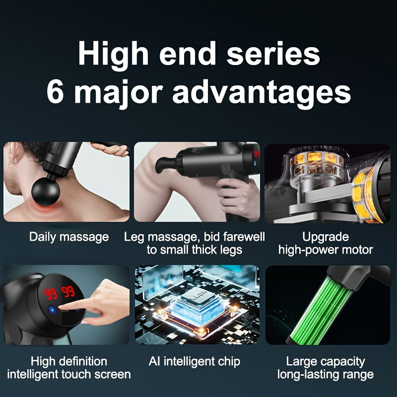 USB Rechargeable Fascia Gun with Touch Display 99 Levels Intensity 3 Massage Heads