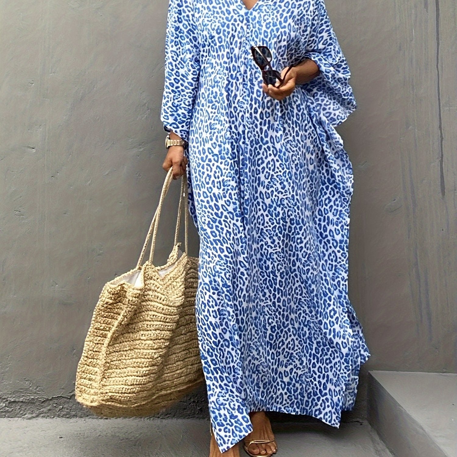 Women's Plus Size Leopard Print Kaftan Dress Vacation Cover Up V Neck