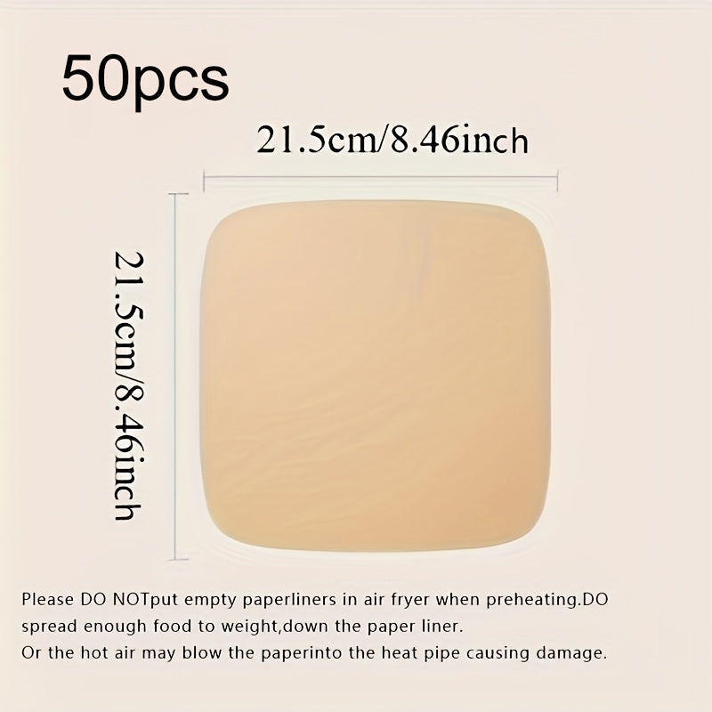 50 papel de horno para freidora de aire cuadrado, antiaceite, resistente al agua, para hornear y asar