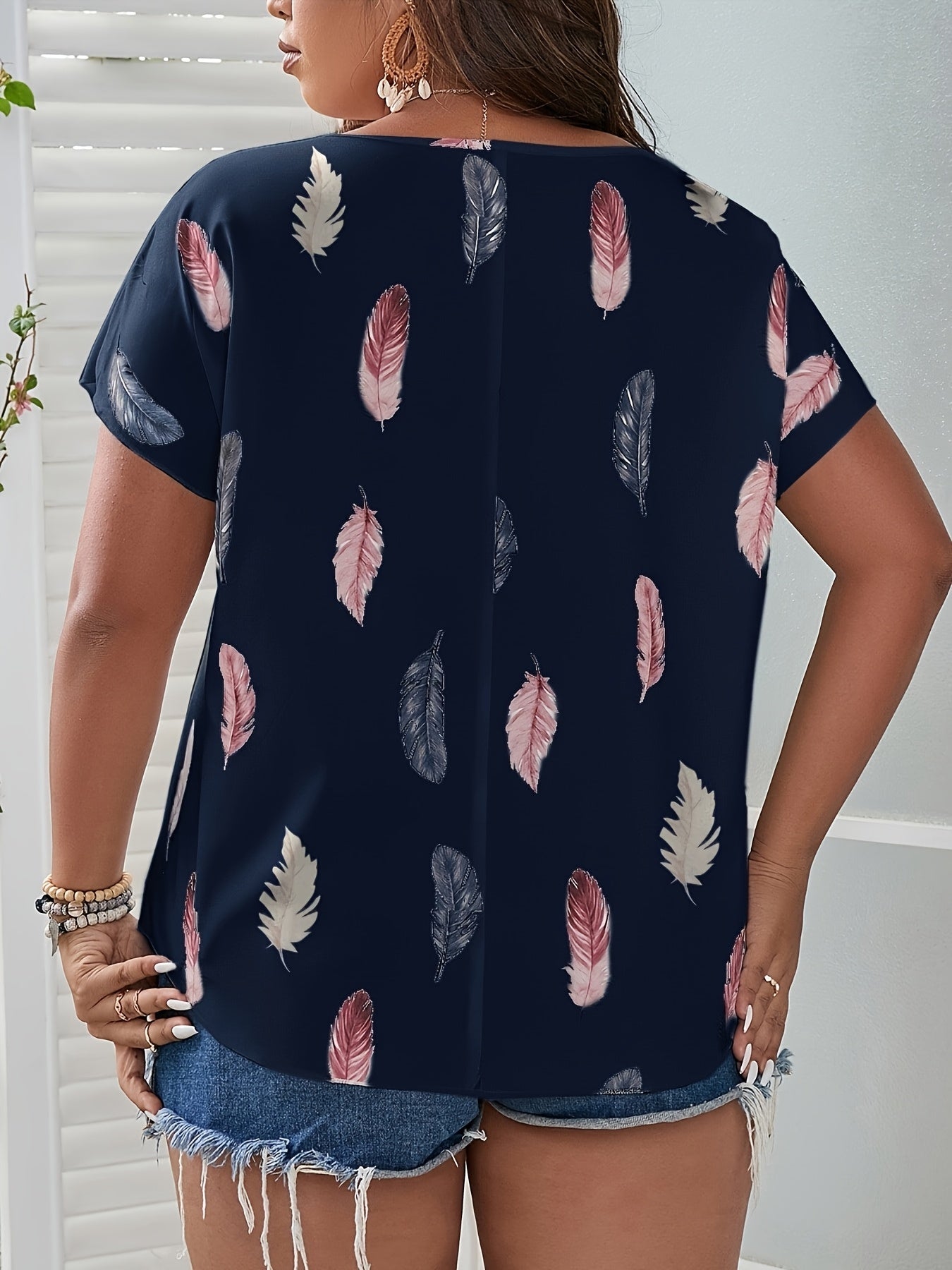 Plus Size Women's Casual Short Sleeve Blouse Opaque Print Dark Navy Pink Gray