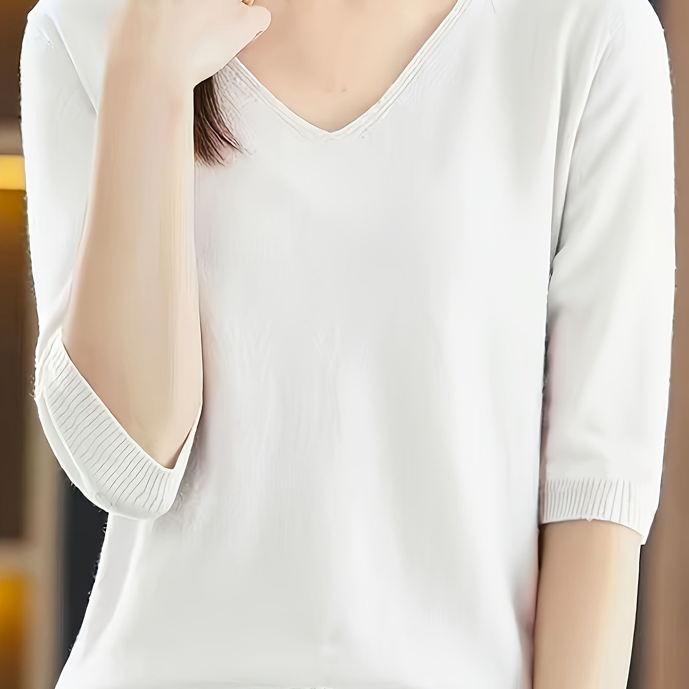 Women's V-Neck Sweater Solid Color Half Sleeve Knit Top for Spring Fall