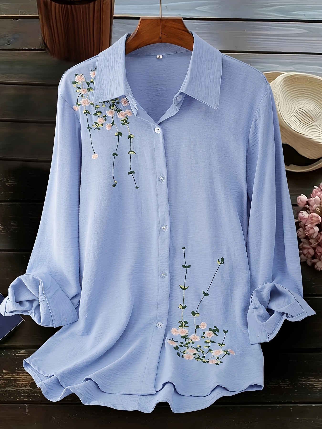 Plus Size Embroidered Polyester Blouse for Women All-Season Elegant Woven Shirting