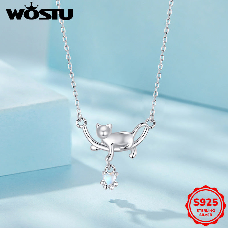Cartoon Cat Pendant Necklace Sterling Silver Moonstone Lightweight for Women or Men