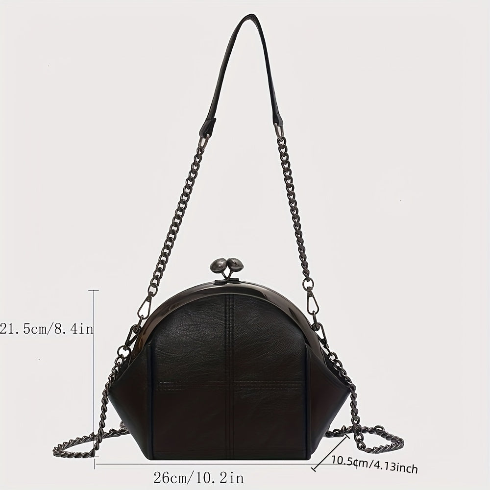 Ayollar uchun Vintage Kiss Lock Clutch kechki sumkasi, Punk Gothic Crossbody dizayni bilan. Oq, qizil yoki qora rangdagi katta sig'imli qobiq dizayniga ega zanjirli yelka sumkasi.