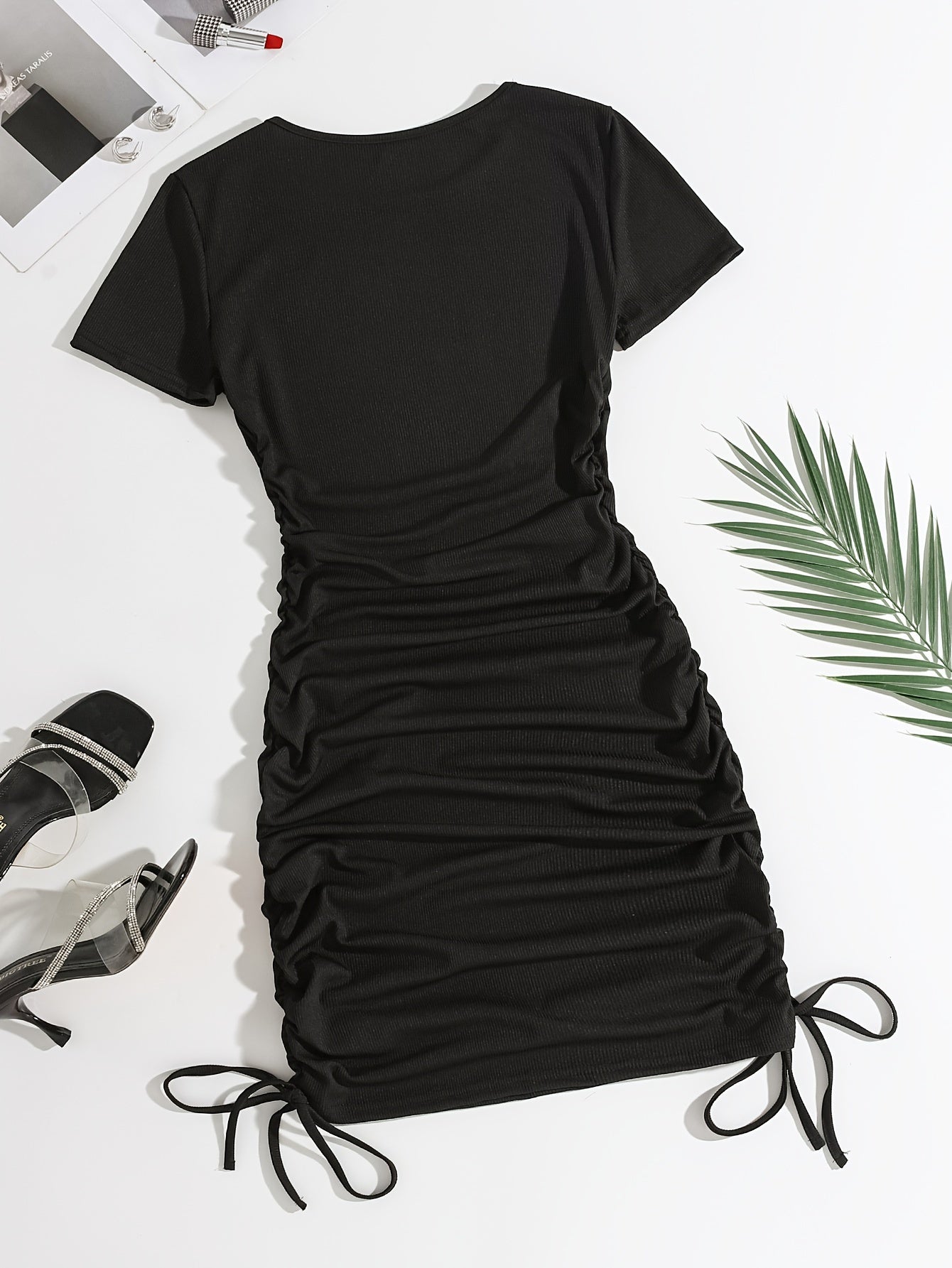 Women's Black Bodycon Dress with Ruching Short Sleeves and Flamingo Print