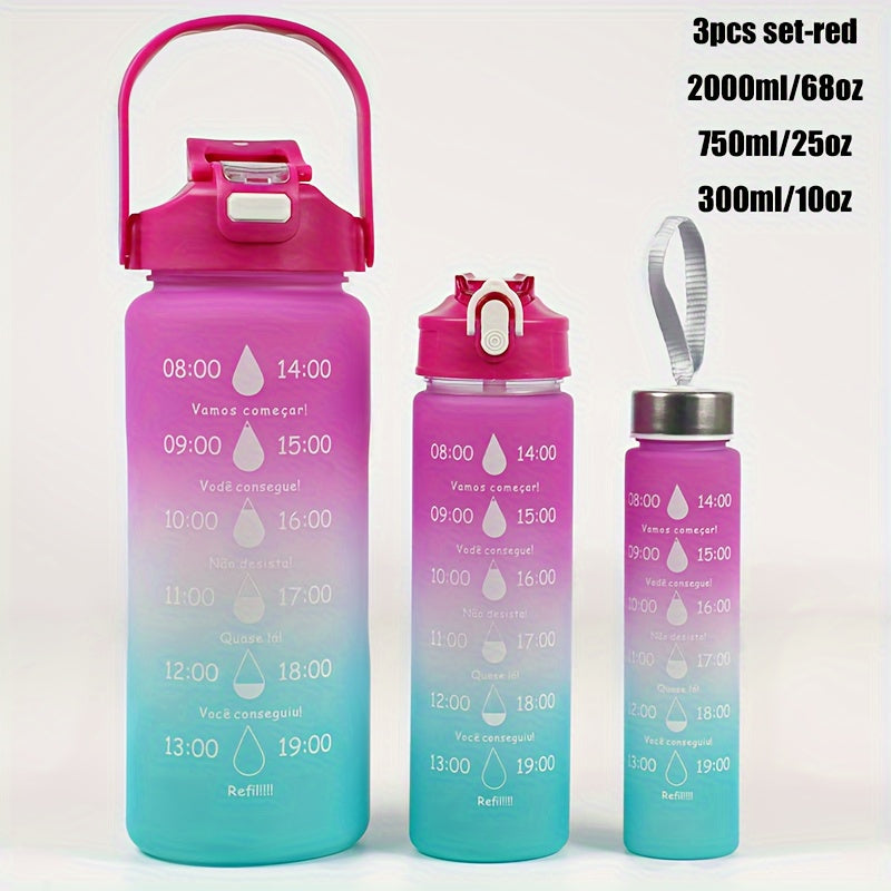 Set of 3 Sports Water Bottles with Time Marker Leakproof One-Click Open Lid for Fitness and Outdoor Activities