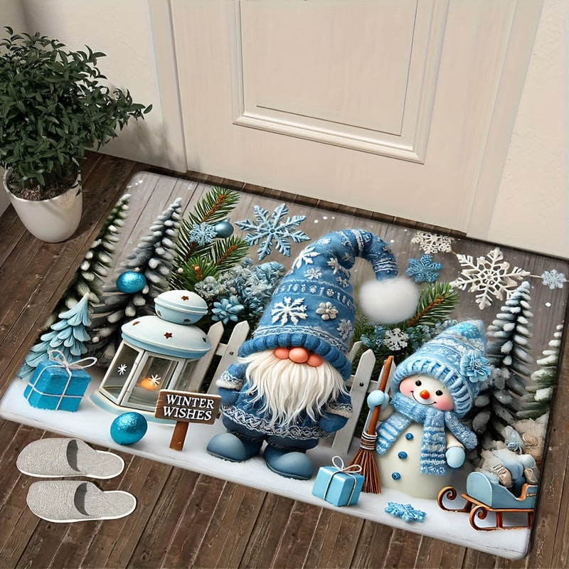 Blue Flannel Christmas Gnome Door Mat Non-Slip Stain-Resistant 1.2cm Thick