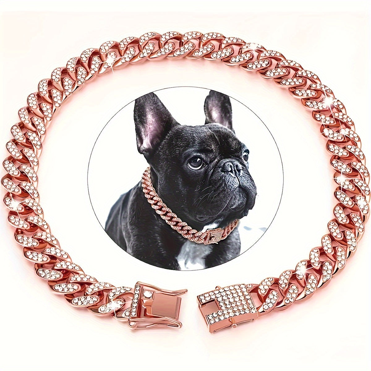 Dog Collar with Rhinestones Cuban Link Stainless Steel 13mm Wide Adjustable
