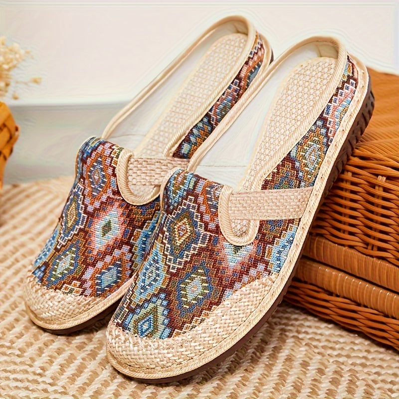 Women's Geometric Print Mules with Colorful Embroidery and Non-Slip Sole