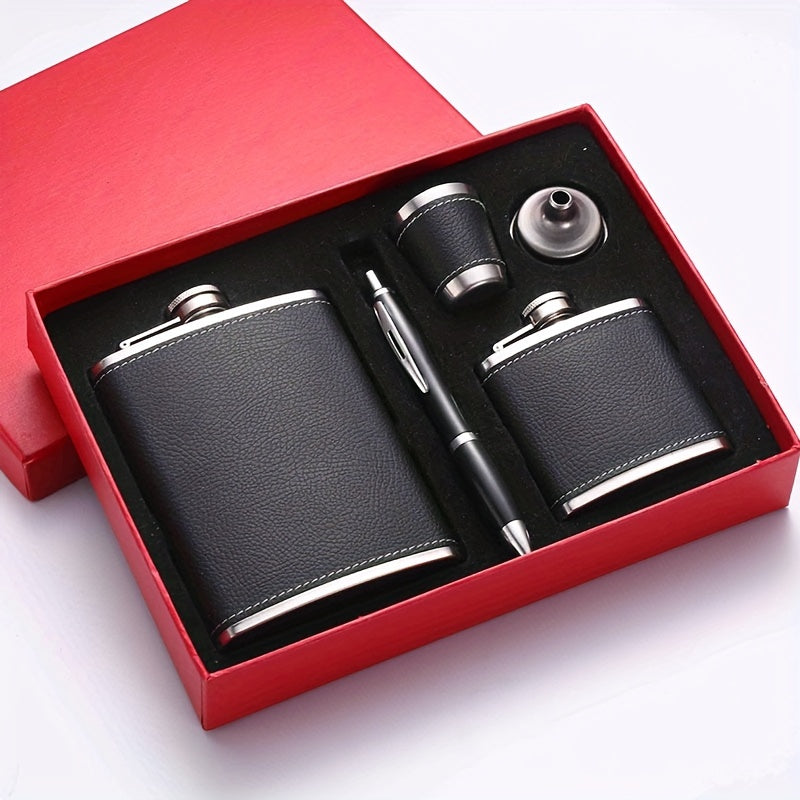 Black Leather Flask Gift Set 8oz and 30oz Stainless Steel with Cups and Chimney for Men and Women