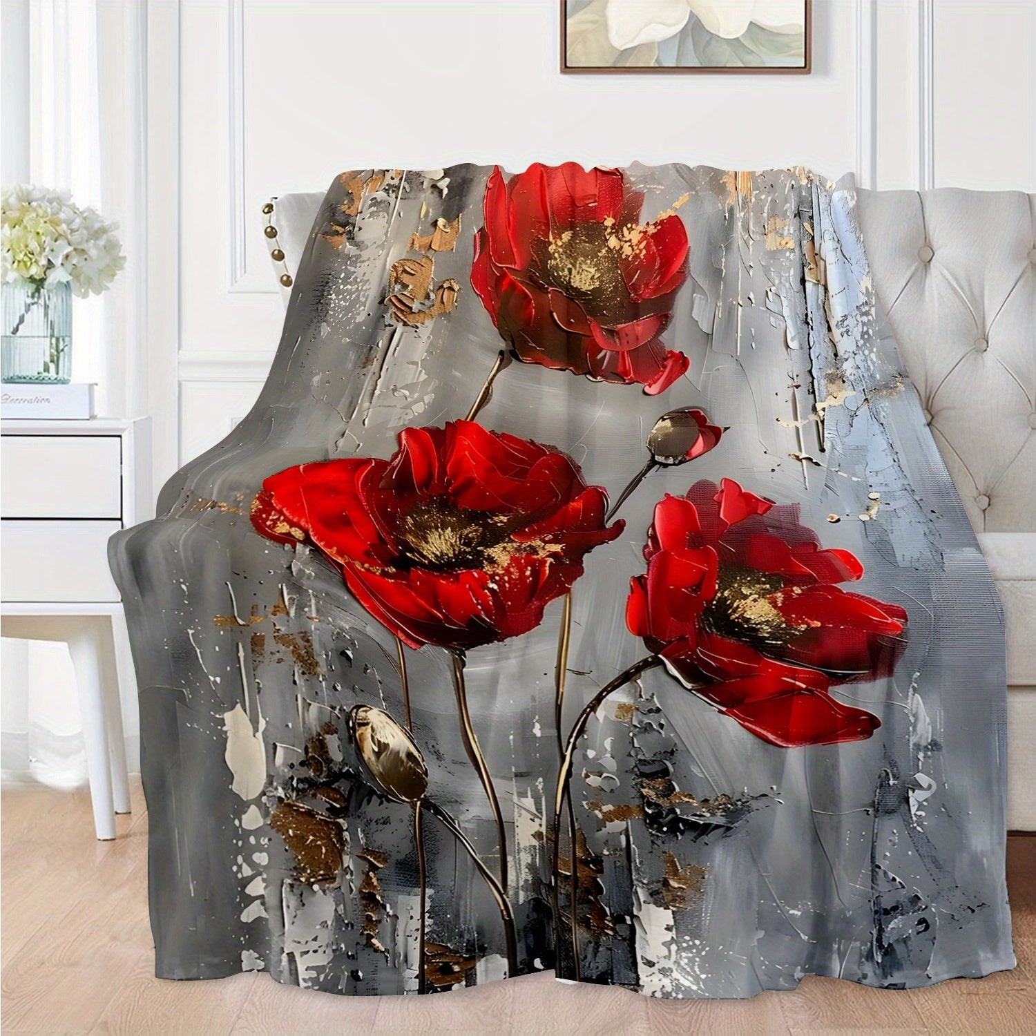 Contemporary Red Poppy Pattern Throw Blanket for Sofa Bed Travel Durable Polyester