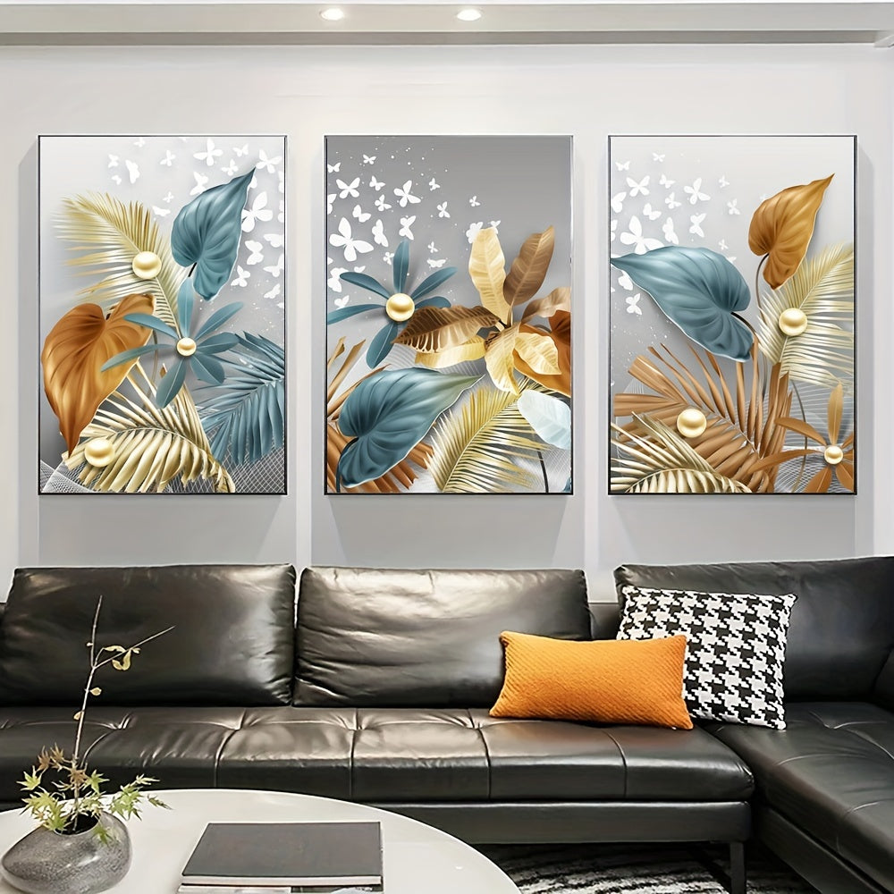 Set of 3 Flower Leaf Canvas Wall Art Posters Frameless for Living Room Bedroom Kitchen Office