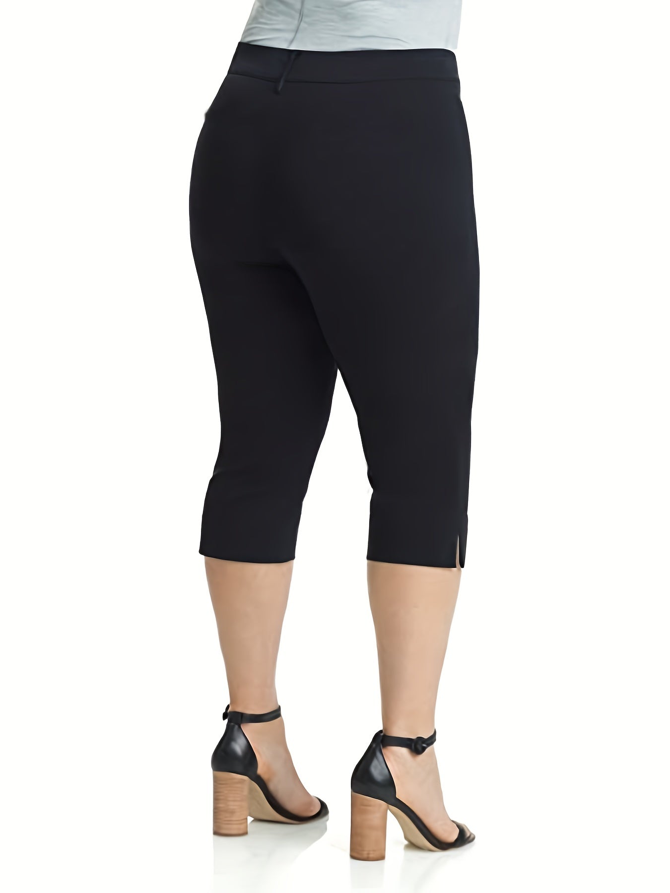 Women's Plus Size Solid Split Hem High Stretch Capri Pants with Pockets
