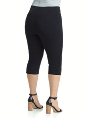 Women's Plus Size Solid Split Hem High Stretch Capri Pants with Pockets