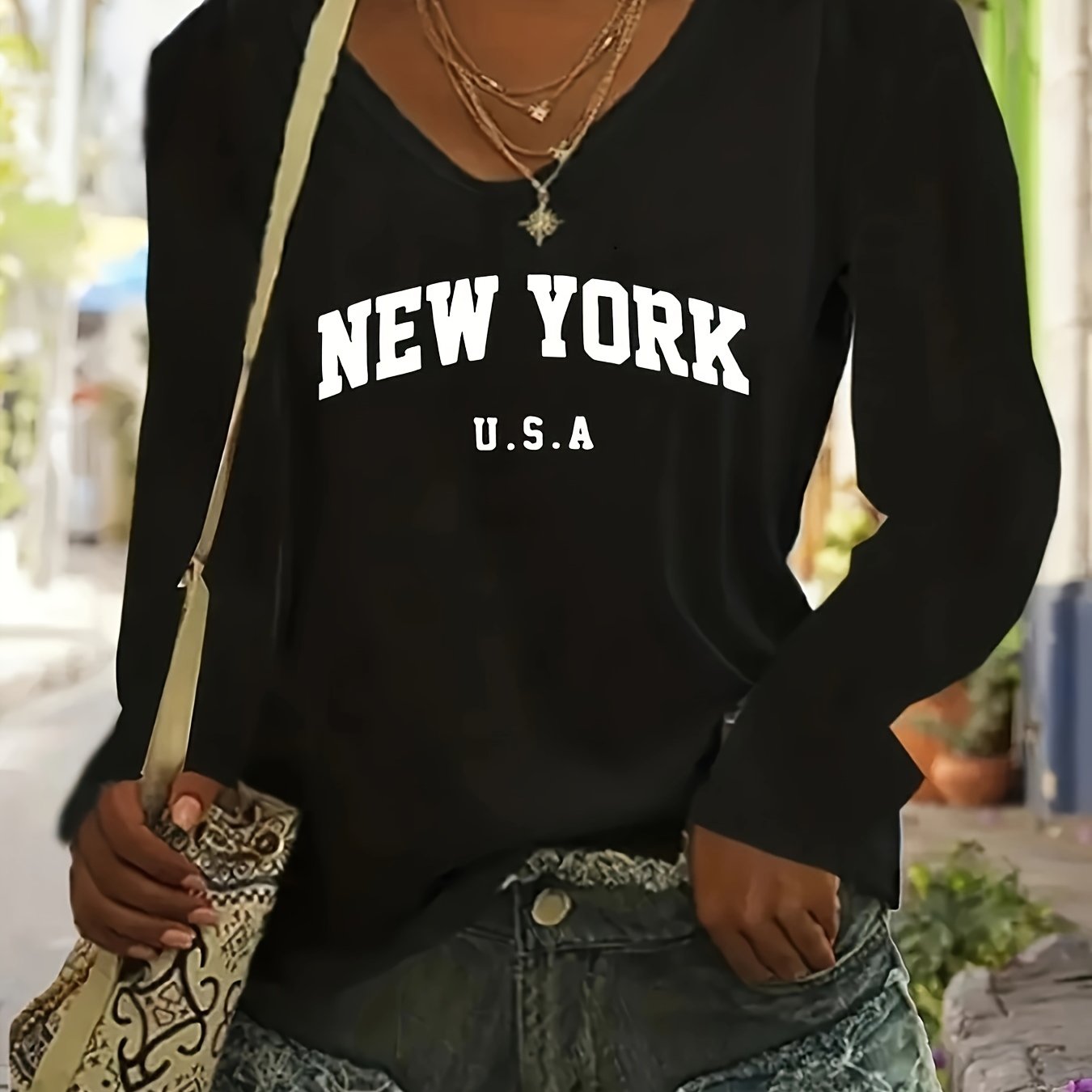 Women's V-Neck Long Sleeve T-Shirt White Black Graphic Print All-Season Comfort