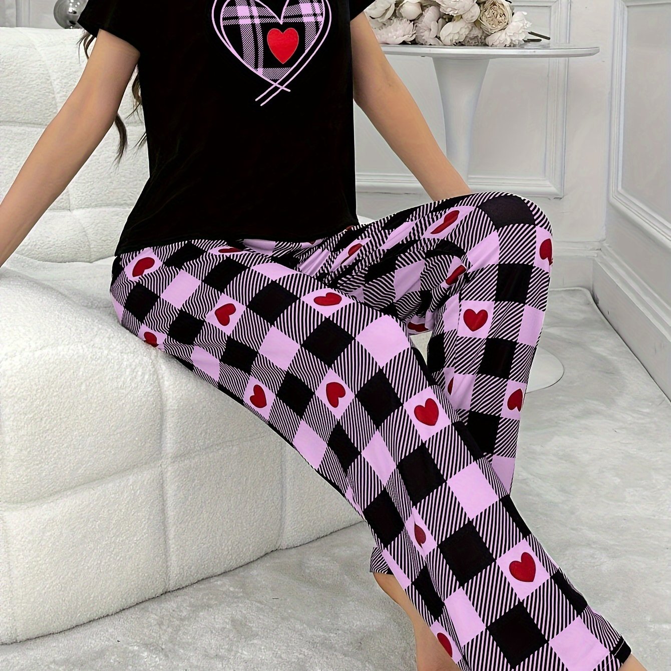Women's Heart Plaid Pajama Set Short Sleeve Top and Pants Casual All-Season Polyester