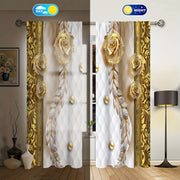 3D Golden Flower Semi Blackout Curtains Set for Bedroom Living Room Kitchen Office