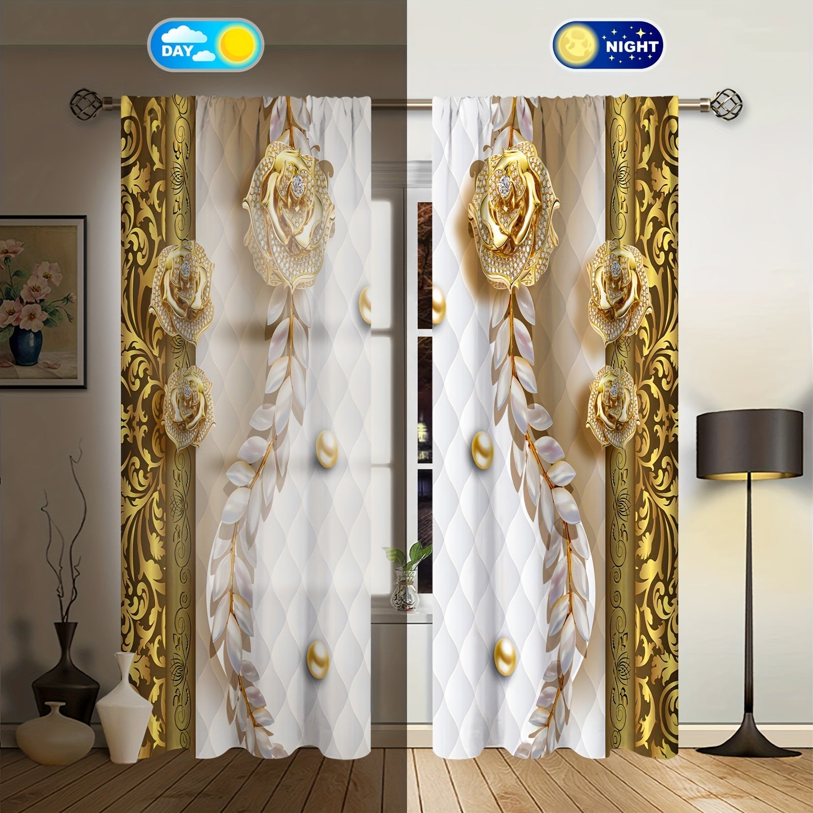 3D Golden Flower Semi Blackout Curtains Set for Bedroom Living Room Kitchen Office