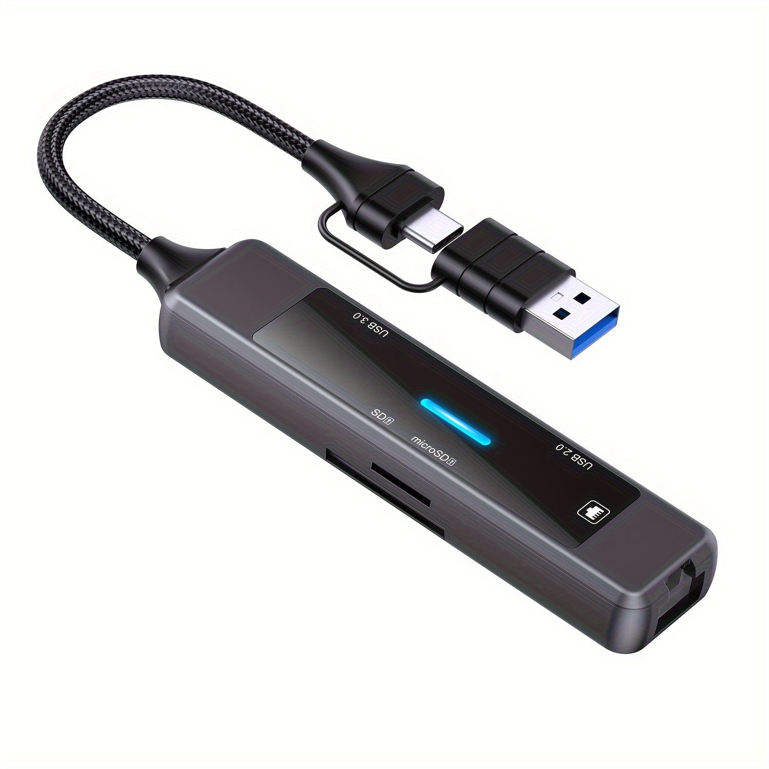 USB 3.0 adapter hub, Ethernet, Type-C quvvat porti va ikki USB porti bilan - turli qurilmalar bilan mos keladi.