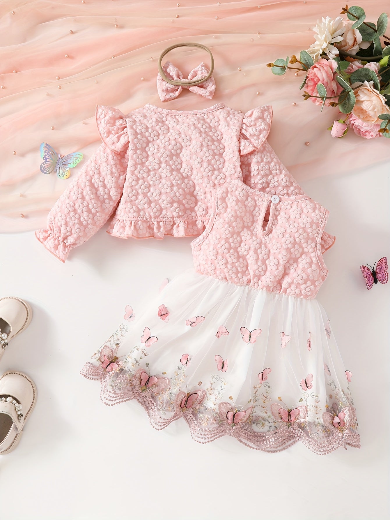 Girls' Long Sleeve Butterfly Pattern Tulle Dress Set with Crop Top and Bow Headband for Fall Winter