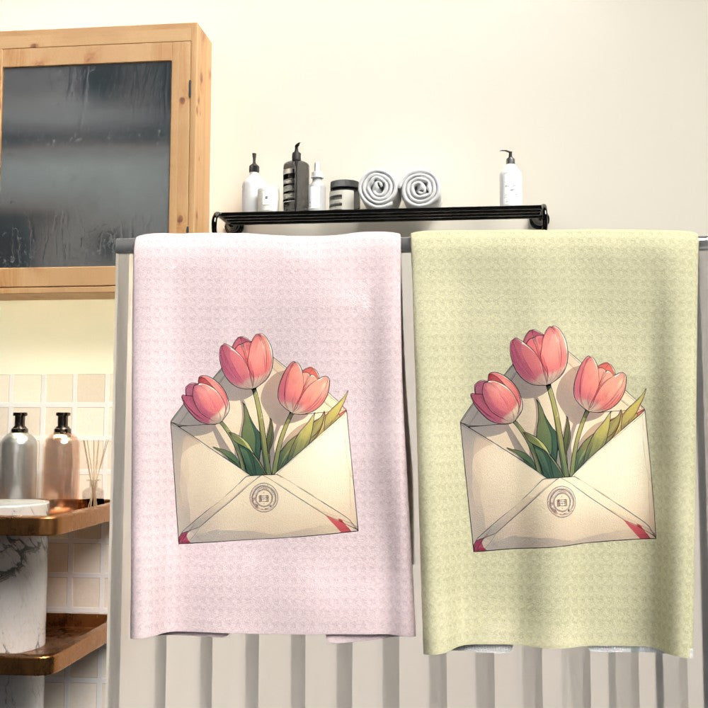 Set of 2 Cartoon Tulip Print Towels, Soft Quick-Drying Kitchen Bathroom Decor