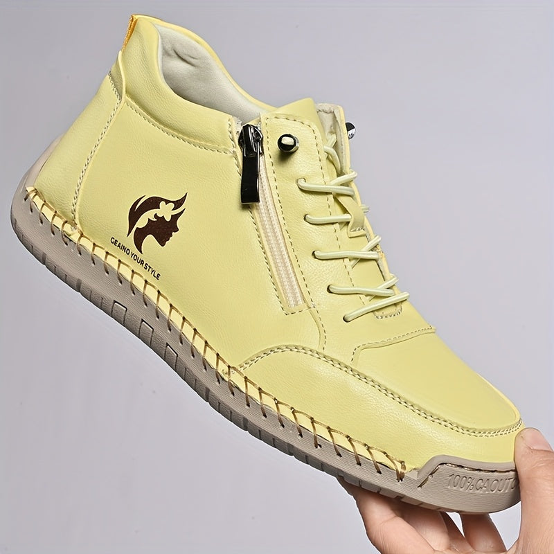 Women Retro Chunky Sneakers Yellow Casual Shoes with Side Zipper