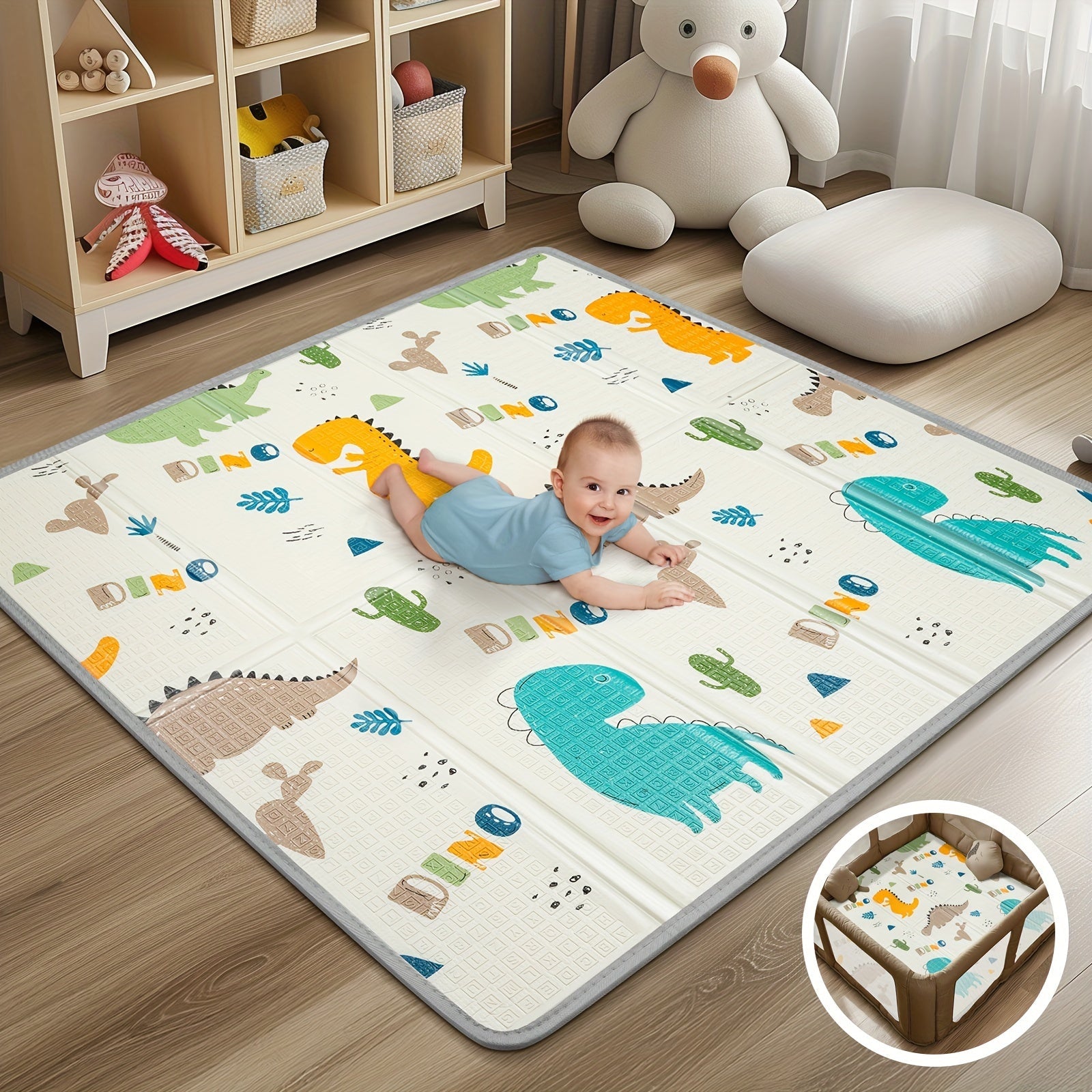 Reversible Seahorse and Stars Play Mat Waterproof Foam Safety Pad 127cm with Fence