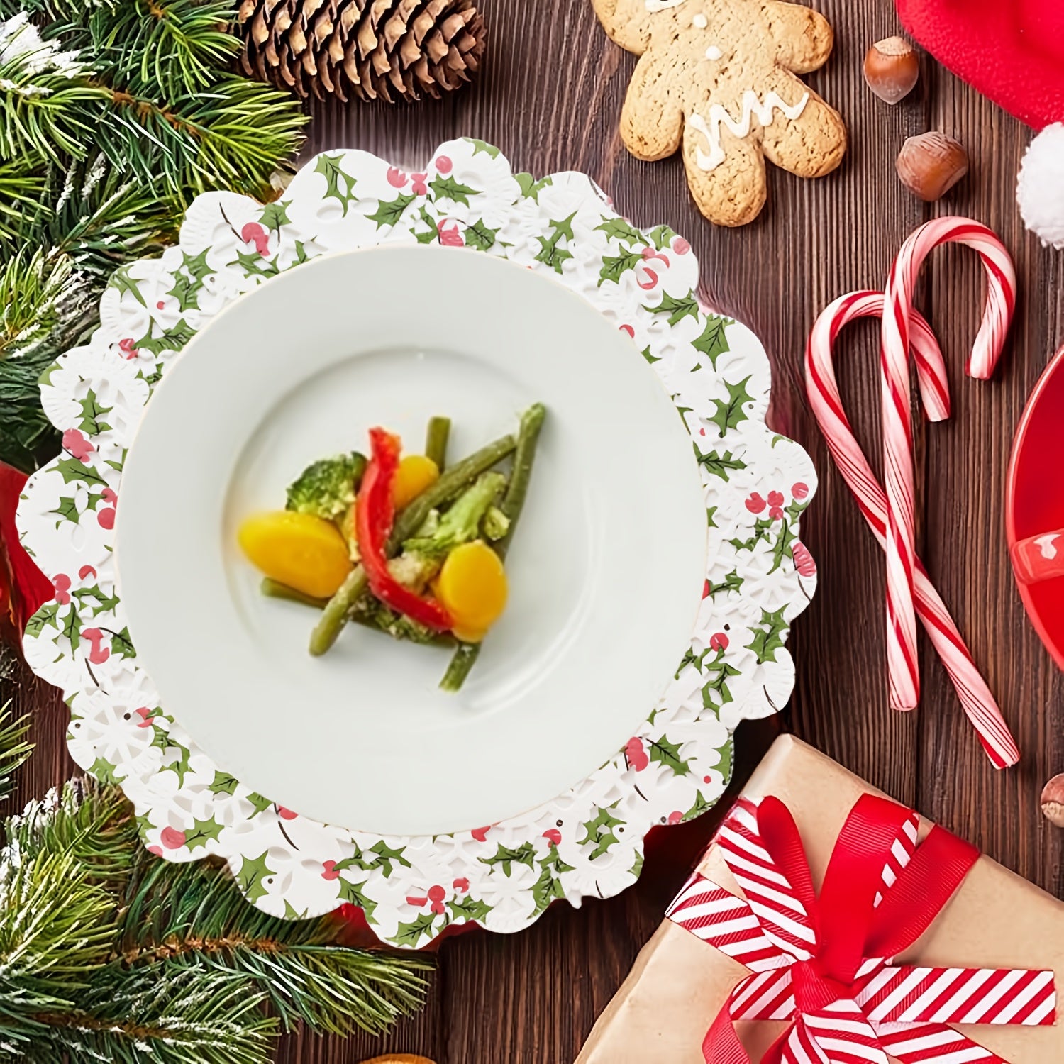 Paquete de 100 servilletas de encaje de papel navideño desechables para alimentos de calidad alimentaria para bodas, cumpleaños y pasteles