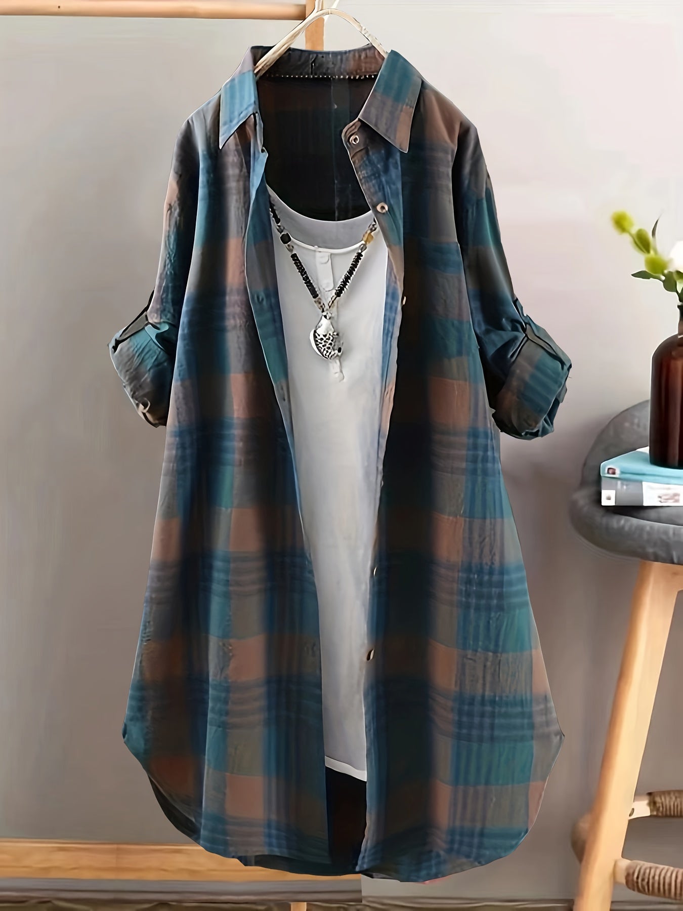 Plus Size Women's Plaid Button-Up Shirt Casual Long Sleeve Checkered Blouse Blue Brown Black