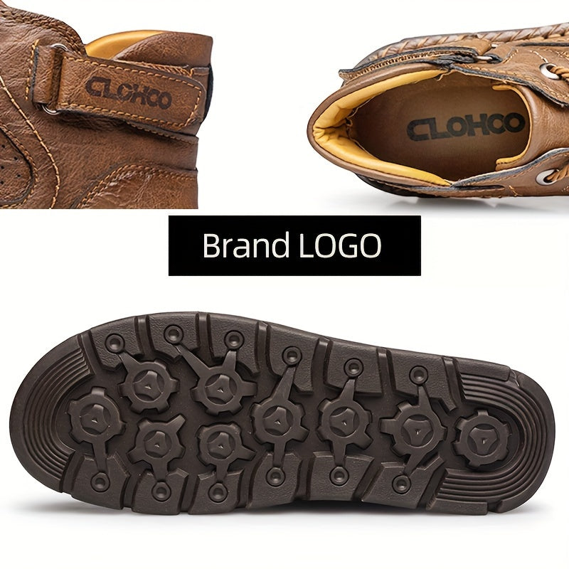 CLOHOO Erkaklar uchun Yuqori To'plamli Tasodifiy Bo'lak Botinkalari, Qo'l Bilan Yasalgan PU Yuzi va Ichki Qismi, Yaxshi Qoplama Uchun Gum Qopqoq, Yumshoq Boshli Bog'ichli Yopish, Issiq Plush Ichki Qism, Tashqi Foydalanish Uchun Mustahkam Rangli Dizayn