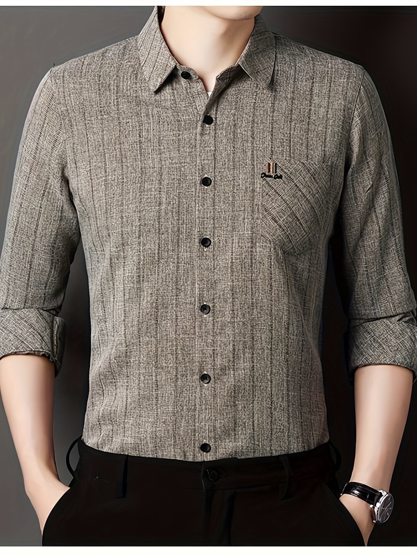 Men's Striped Polyester Viscose Shirt with Chest Pocket Long Sleeve Casual Collared