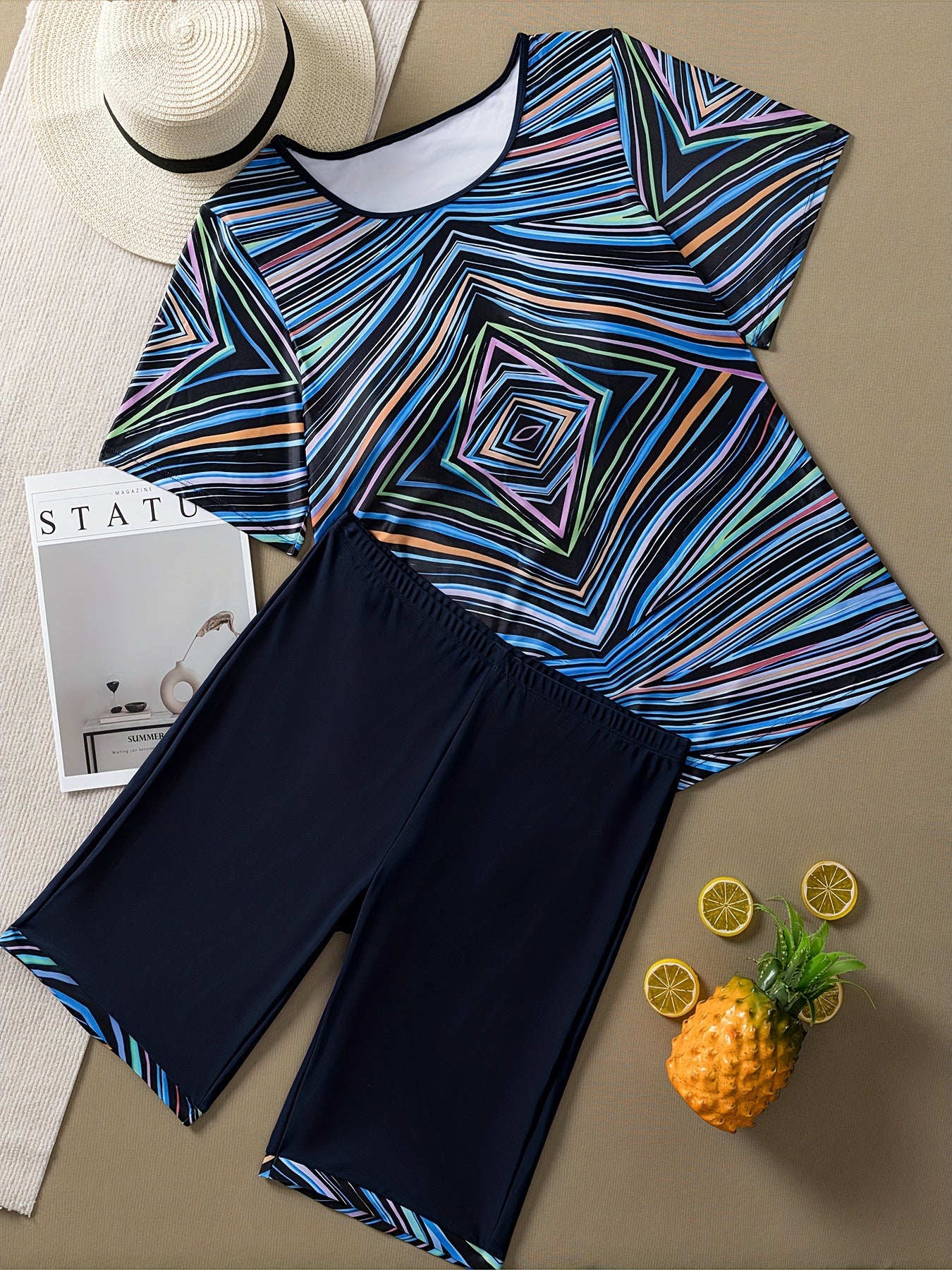 Танкини с геометрическим принтом для полных женщин, купальник из высокоэластичного полиэстера