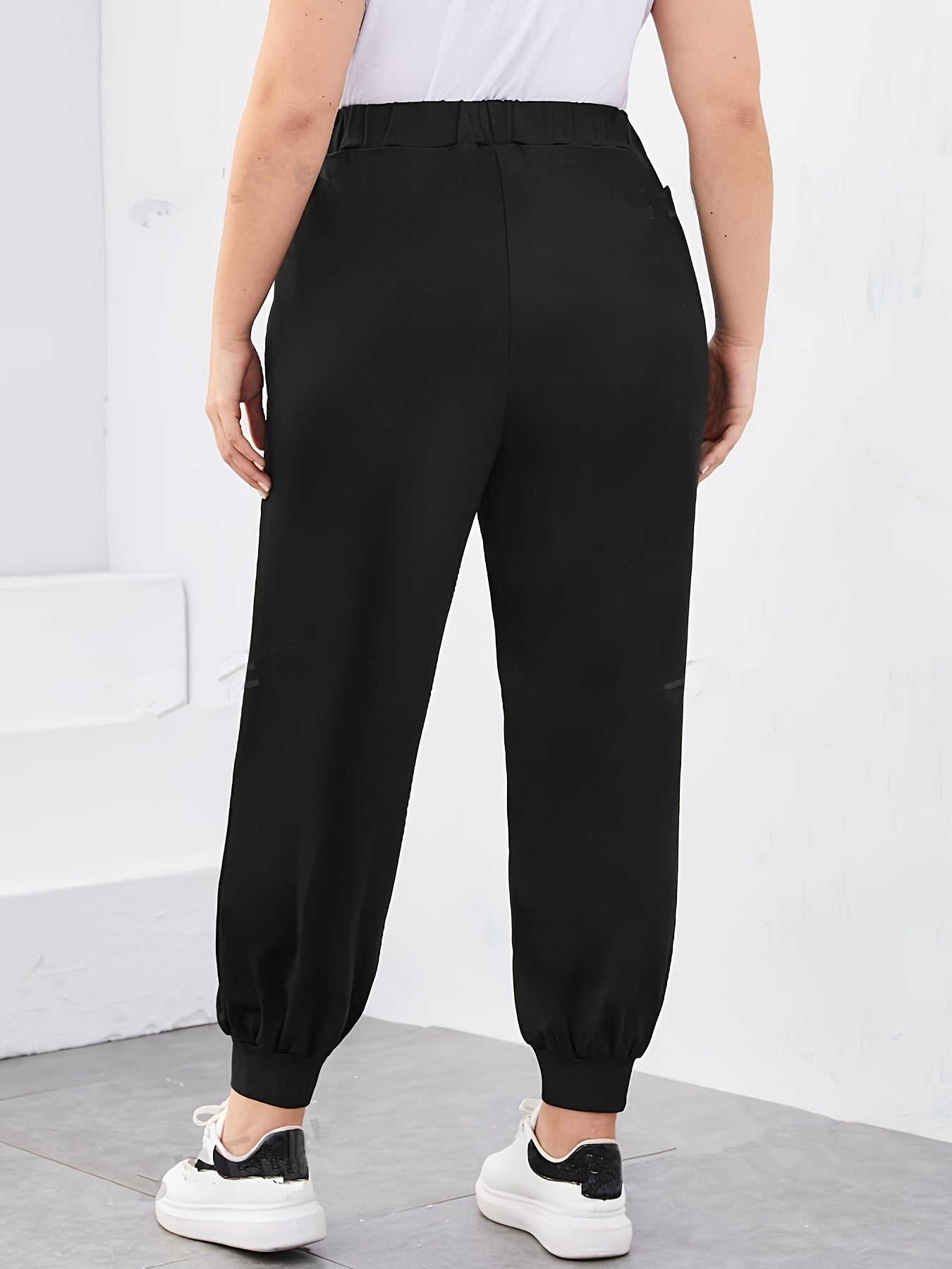 Women's Plus Size Wide Leg Casual Pants Elastic Waist Black Lounge Trousers