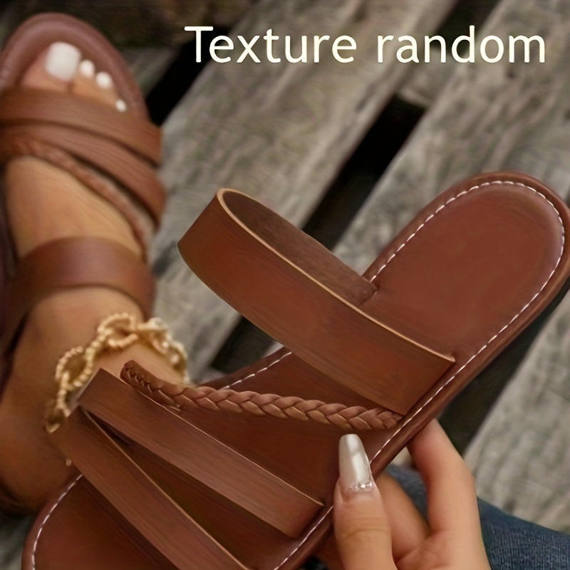 Women's Flat Braided Sandals Casual Summer Open Toe Black Strappy