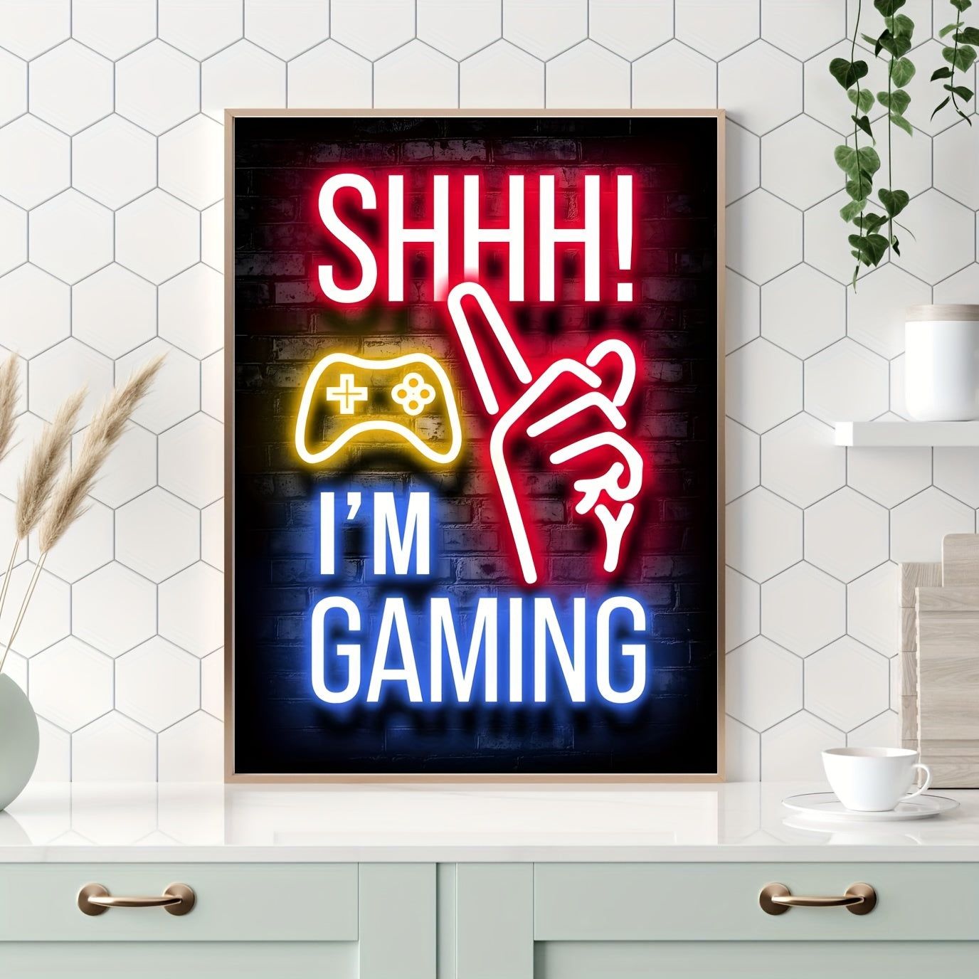 Neon Effect Canvas Wall Art Poster I Am Gaming Letter Print Bedroom Living Room Decor