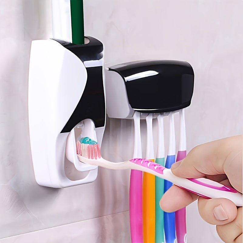 Wall-Mounted Plastic Bathroom Organizer with Toothbrush Holder and Automatic Dispenser