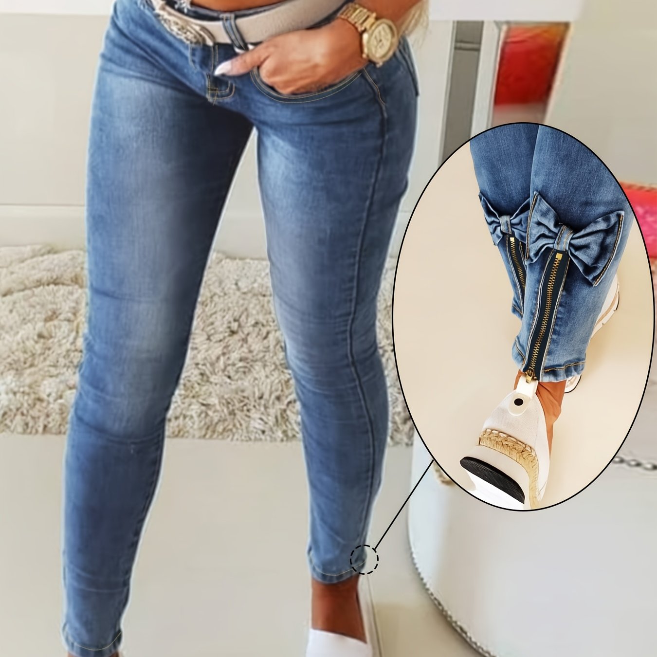 Women's Plus Size Denim Jeans With Bowknot Zipper Detail