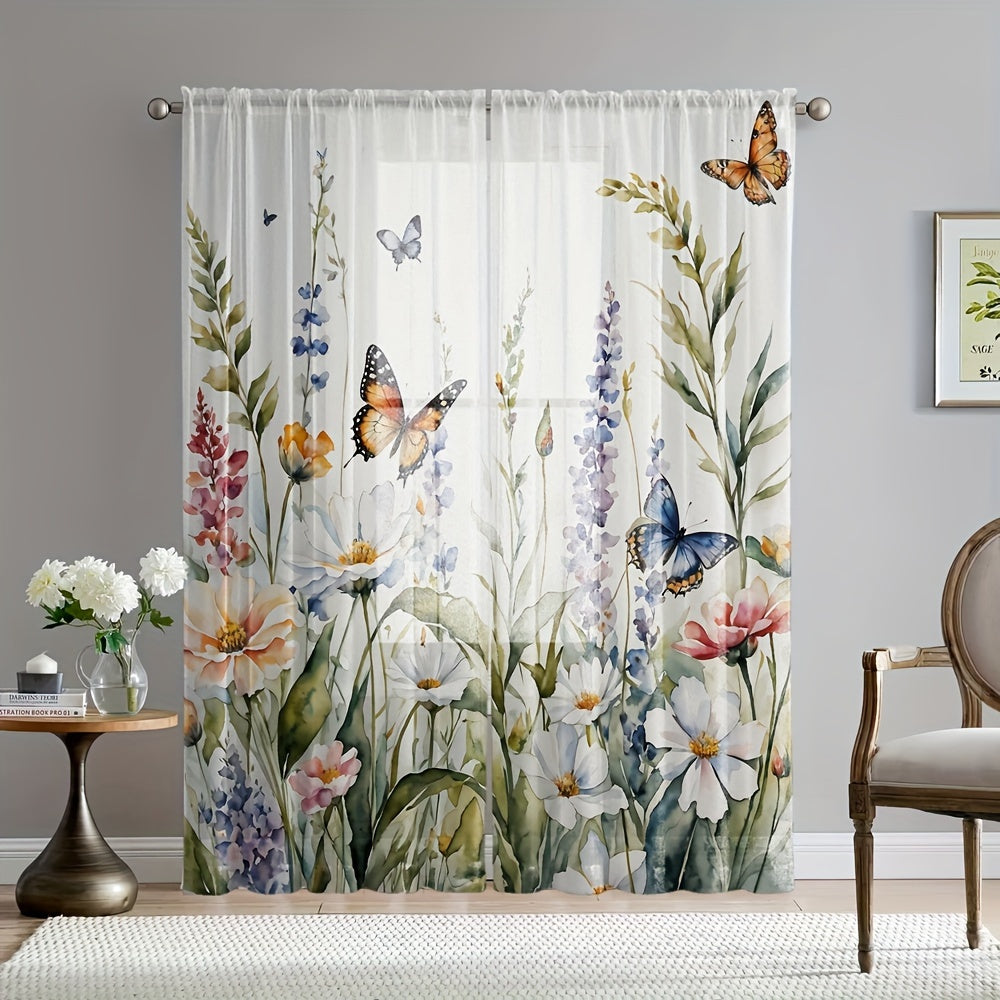 Cortinas de tul con estampado floral vibrante y mariposas para sala de estar o dormitorio poliéster semi-transparente