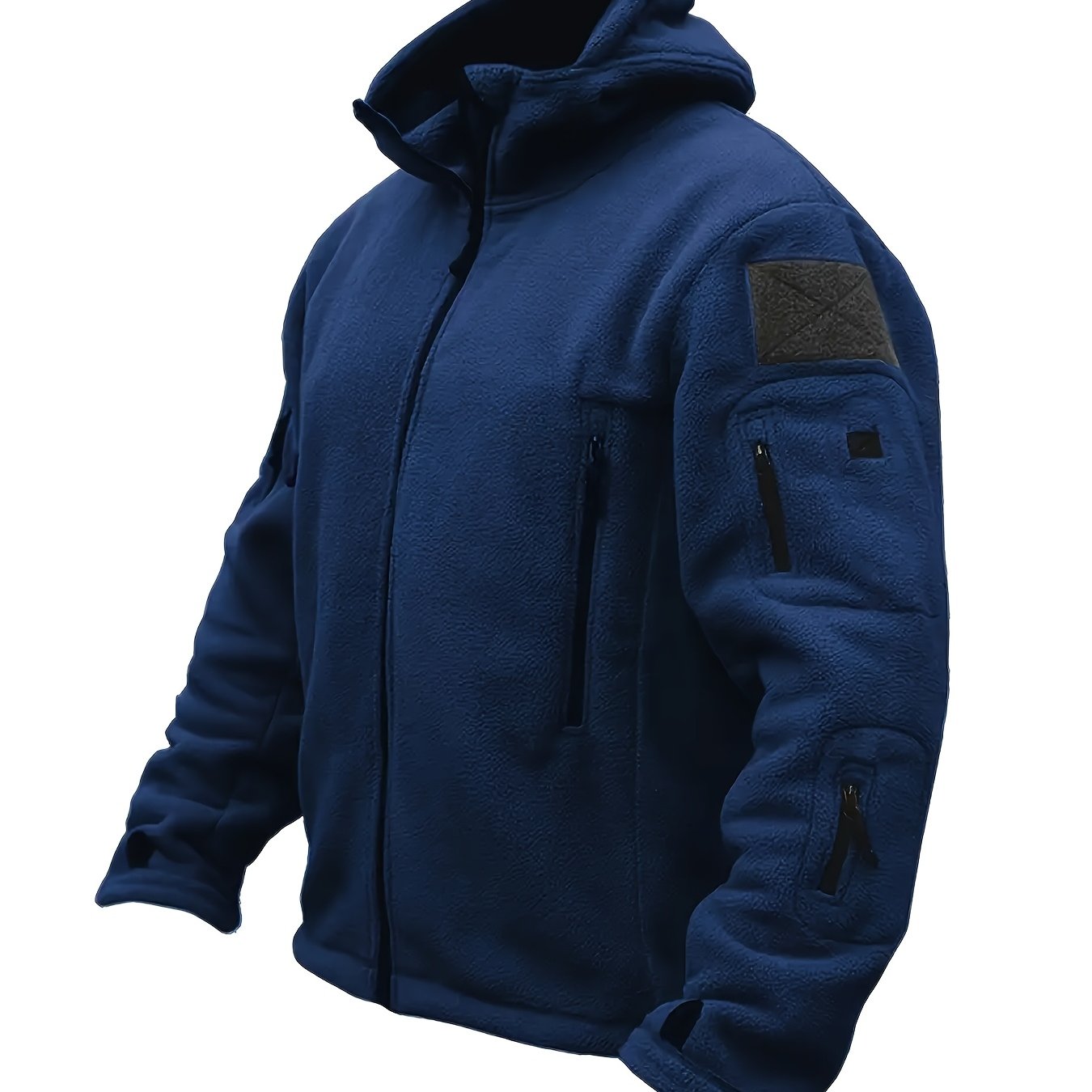 Men's Royal Blue Fleece-Lined Hooded Jacket with Zipper Pockets for Winter Outdoor Activities