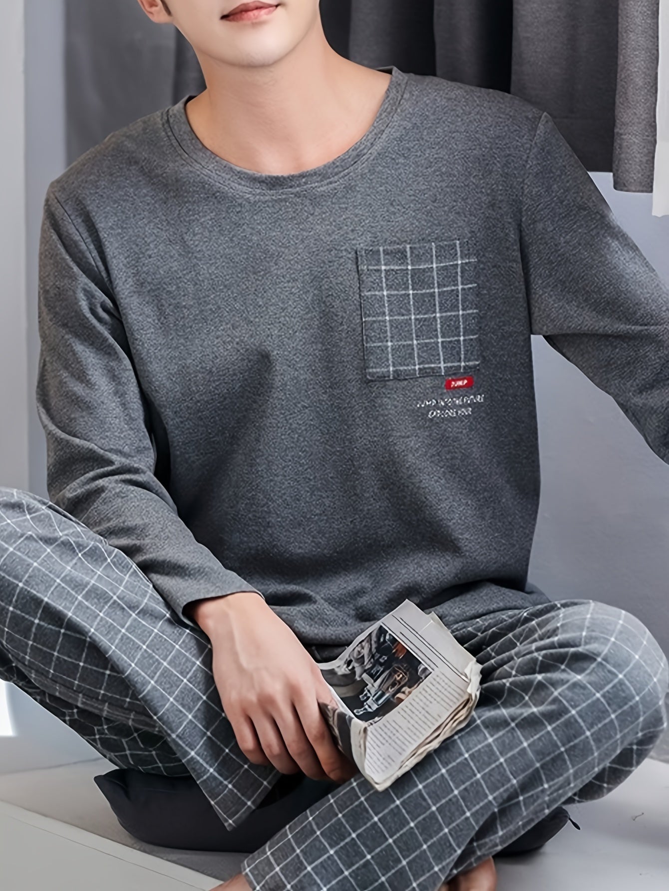 Conjunto de pijama de manga larga para hombre con patrón geométrico, mezcla de poliéster, casual, para primavera y otoño