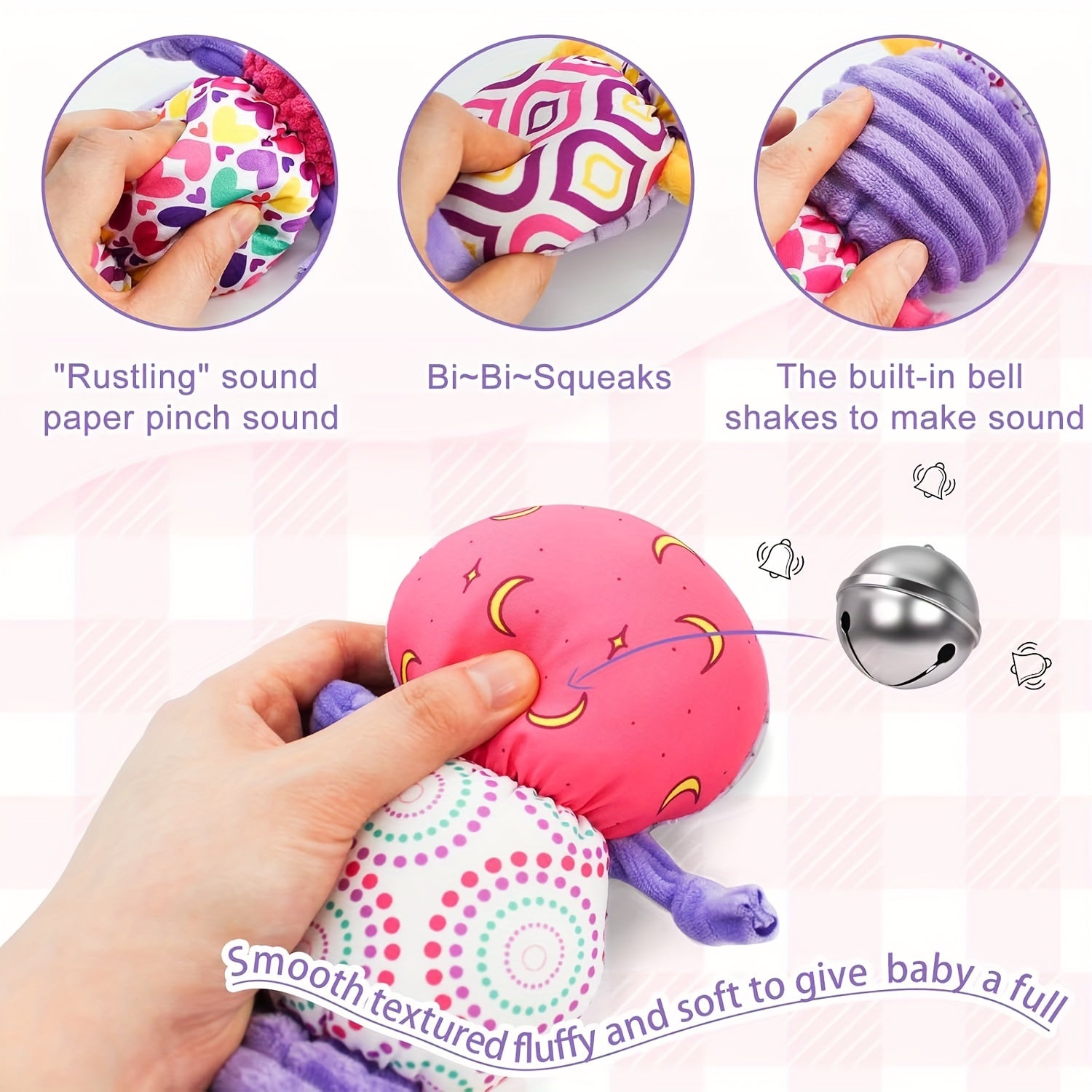 Kichkina yumshoq o'yinchoq, 0+ oylik chaqaloqlar uchun, ko'p rangli polyester, chayqash va krinkle sezgir o'yinchoq
