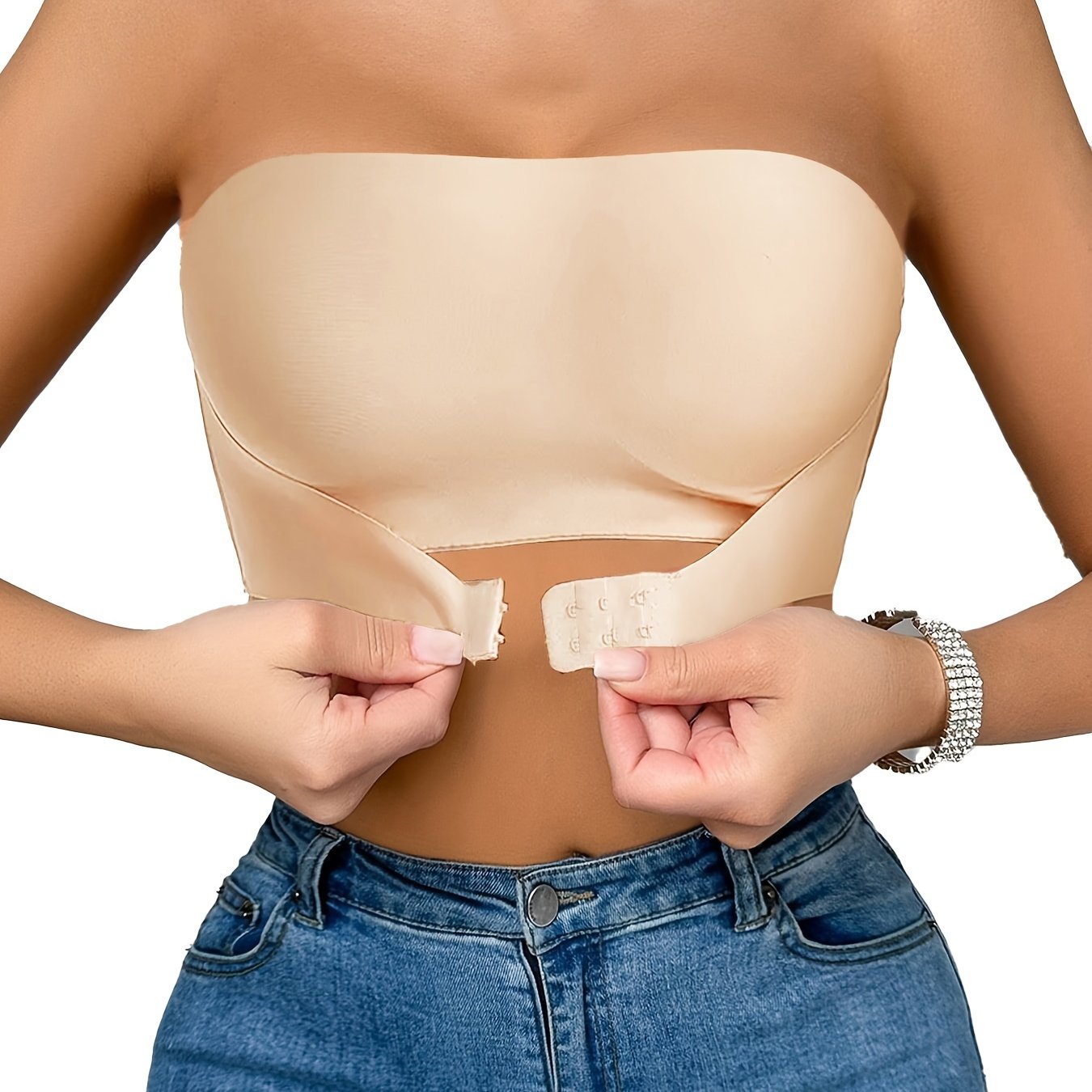 Women Seamless Strapless Steel Ring-Free Front Buckle Bra Invisible Tube Top Non-Slip Push-Up for Small Chest