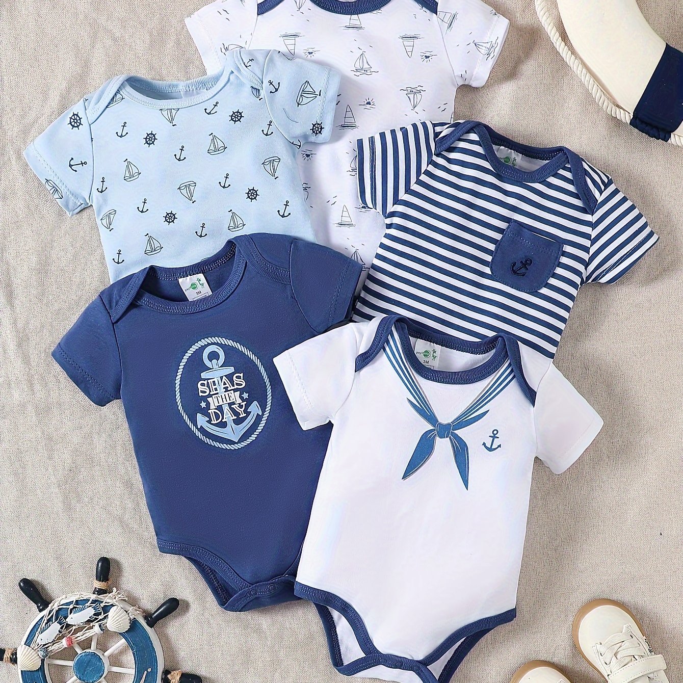 5pcs Baby Boys Marine Style Cotton Short Sleeve Bodysuits Summer Romper Set