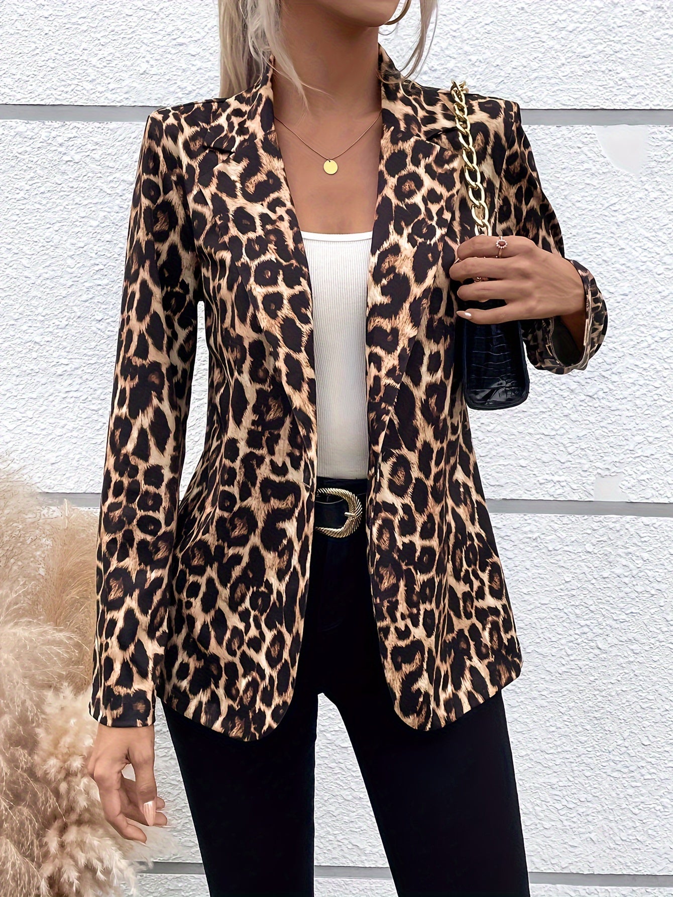 Women's Leopard Print Blazer Long Sleeve Button Front Office Casual Elegant Polyester