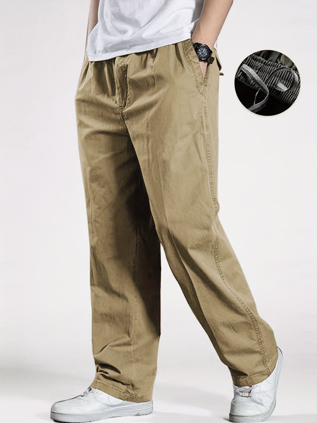 Men's Cotton Cargo Pants Elastic Drawstring Waist Solid Color Casual Spring Fall