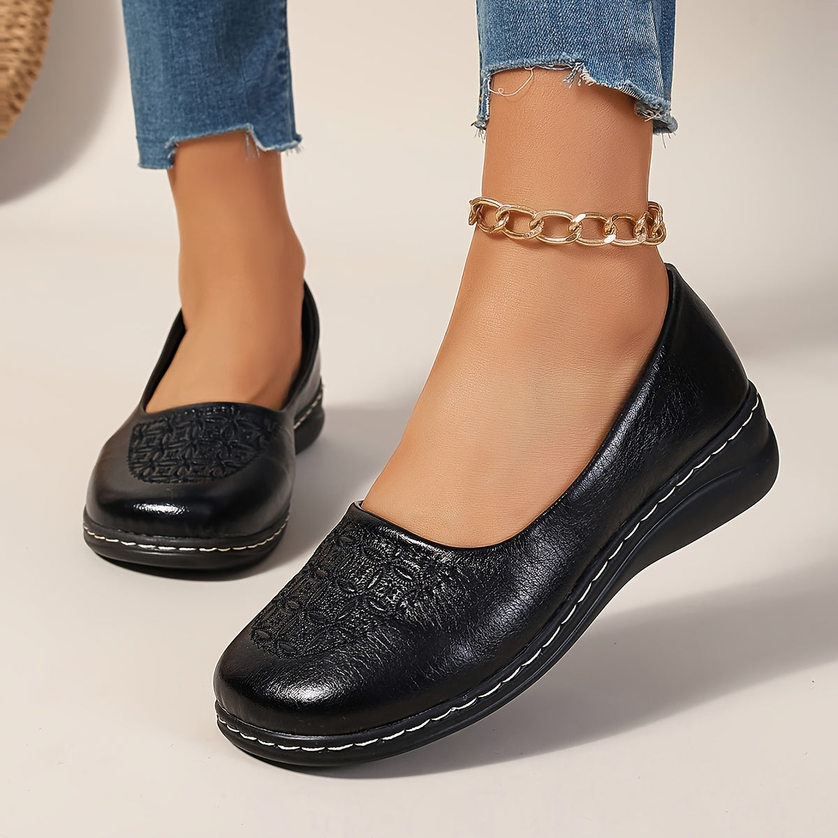 Women's Leather Slip-On Loafers with Embroidered Design and Cushioned Insole