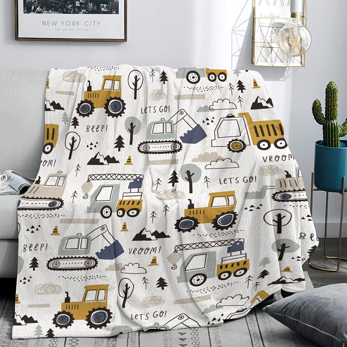 Cartoon Construction Vehicles Flannel Blanket Soft Cozy Lightweight Polyester Fleece